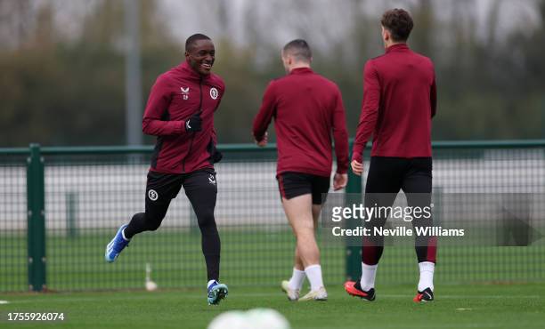 Moussa Diaby of Aston Villa in action during a training session at Villa Park on October 25, 2023 in Birmingham, England.