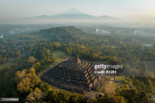 aerial view of borobudur (barabudur) temple, magelang regency, central java, indonesia - borobudur temple stock pictures, royalty-free photos & images