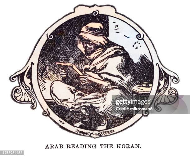 old engraved illustration of arab reading the koran - one man only stock illustrations stock pictures, royalty-free photos & images