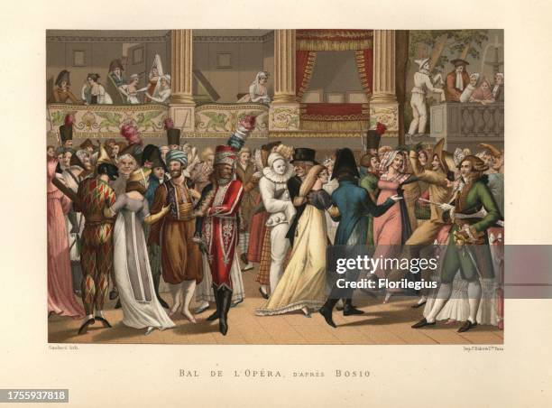Masquerade ball, Bal d'Opera, circa 1800. Fashionable people in costume as hussars, peasants, clowns, harlequins and Turks, some wearing masks....