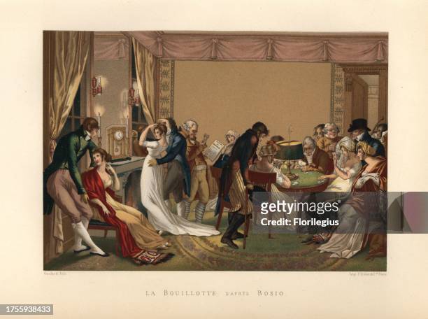Paris salon circa 1800, with fashionable guests playing a game of cards under a bouillotte . Drawn by Jean-Francois Bosio, lithographed by Gaulard....