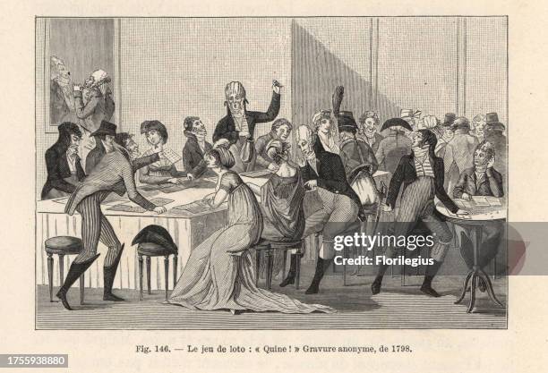 Fashionable Parisians playing a game of chance called loto or lotto, 1798. Incroyables in high cravats, gilets, redingotes, wigs, breeches and boots....