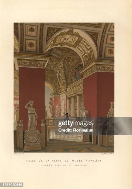 The room of Venus in the Musee Napoleon , 1810. Room and corridors under arched ceilings with Napoleon's "N" mark, crowded with classical Greek and...