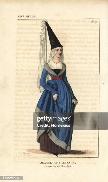 Jeanne la Flammande, Joanna of Flanders, c.1295-1374. She wears a tall conical hat with veil, white blouse, a blue robe trimmed with fur, brown robe,...