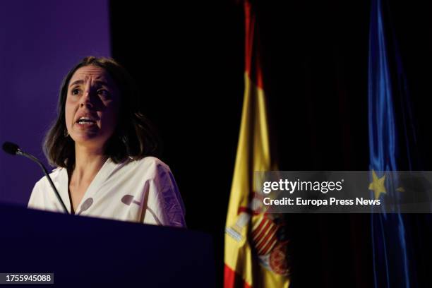 Acting Minister of Equality, Irene Montero, speaks during the Institutional Act for the 40th anniversary of the Women's Institute, at the Prado...