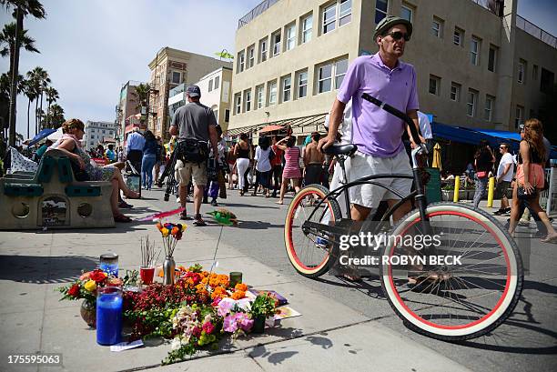 Memorial for 32-year-old Italian newlywed Alice Gruppioni is seen on the Venice Beach boardwalk on August 4, 2013. One day earlier, Gruppioni was...