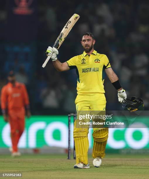 Glenn Maxwell of Australia celebrates their century during the ICC Men's Cricket World Cup India 2023 between Australia and Netherlands at Arun...