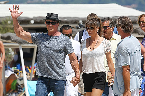 Sylvester Stallone and wife Jennifer Flavin are seen arriving at the 'Club 55' beach on August 4, 2013 in Saint-Tropez, France.
