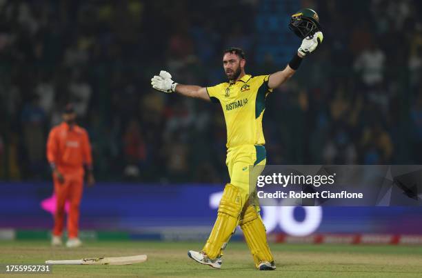 Glenn Maxwell of Australia celebrates their century during the ICC Men's Cricket World Cup India 2023 between Australia and Netherlands at Arun...