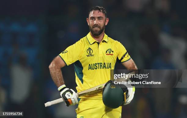 Glenn Maxwell of Australia celebrates their century during the ICC Men's Cricket World Cup India 2023 between Australia and Netherlands at Arun...