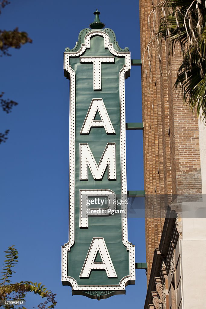 Tampa Theater sign on building in Tampa, Florida