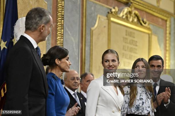 Spanish Crown Princess of Asturias Leonor looks on as she arrives with Spain's King Felipe VI , Spain's Queen Letizia , Spanish Princess Sofia and...