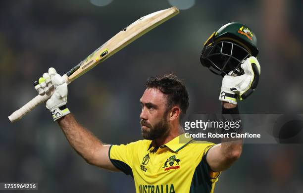 Glenn Maxwell of Australia makes their way off after being dismissed for 106 during the ICC Men's Cricket World Cup India 2023 between Australia and...