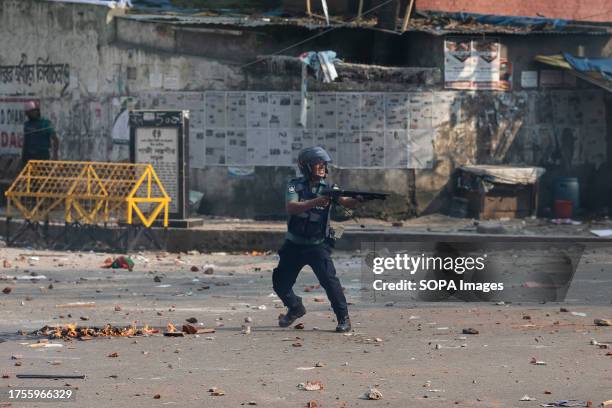 Police officer used rubber bullets to disperse opposition supporters during the clashes between law enforcers and Bangladesh Nationalist Party...