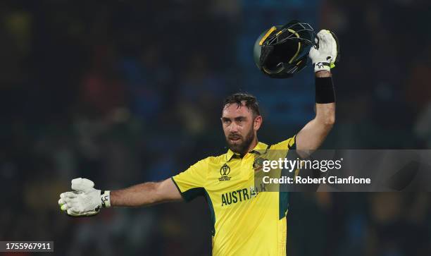 Glenn Maxwell of Australia celebrates their century during the ICC Men's Cricket World Cup India 2023 between Australia and Netherlands at Arun...