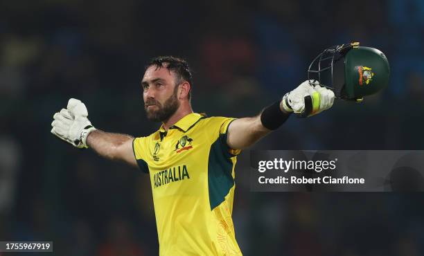 Glenn Maxwell of Australia celebrates their century during the ICC Men's Cricket World Cup India 2023 between Australia and Netherlands at Arun...