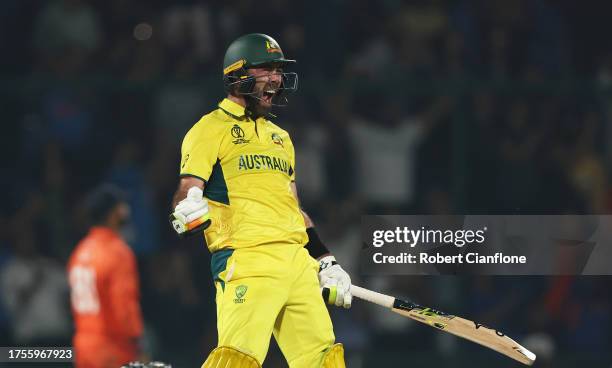 Glenn Maxwell of Australia celebrates their century during the ICC Men's Cricket World Cup India 2023 between Australia and Netherlands at Arun...