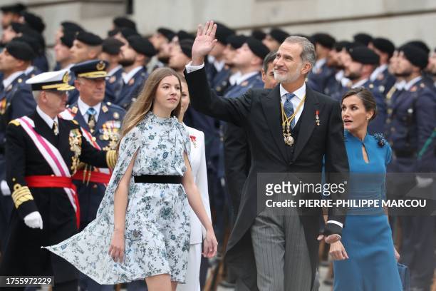 Spanish Princess Sofia, Spain's King Felipe VI and Spain's Queen Letizia arrive at the Congress of Deputies for the Spanish Crown Princess of...