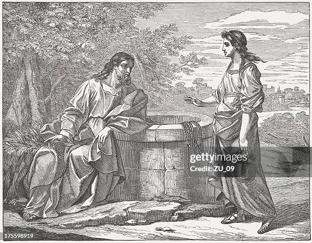 jesus and the samaritan woman (john 4, 1-26), published 1877 - jesus talking stock illustrations