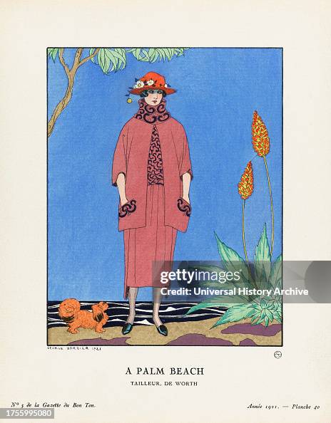 La Saison des Prunes Mirabelles. The Mirabelle plum season. Robe d'après-midi de Redfern. Art-deco fashion illustration by French artist George Barbier, 1882-1932. The work was created for the Gazette du Bon Ton, a Parisian fashion magazine published betw