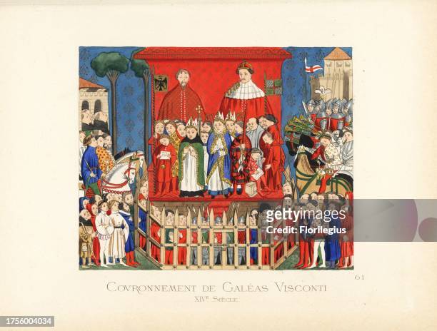 Coronation of Gian Galeazzo Visconti, Duke of Milan, 1351-1402. The new duke in scarlet and ermine sits surrounded by clergy, nobles and military. A...