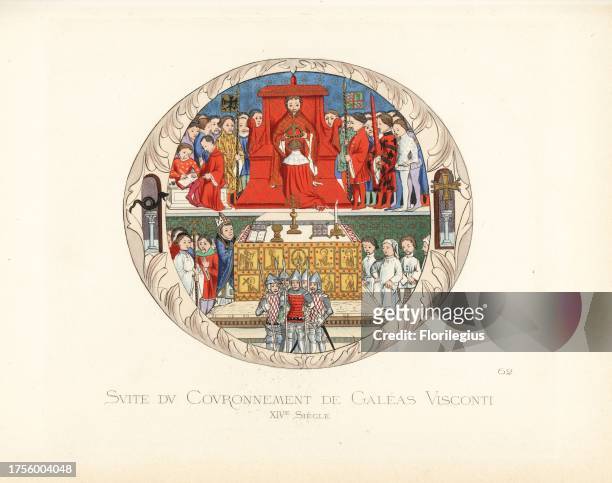 Coronation of Gian Galeazzo Visconti, Duke of Milan, 1351-1402. The duke in scarlet and ermine kneels before King Wenceslaus of Luxembourg to be...