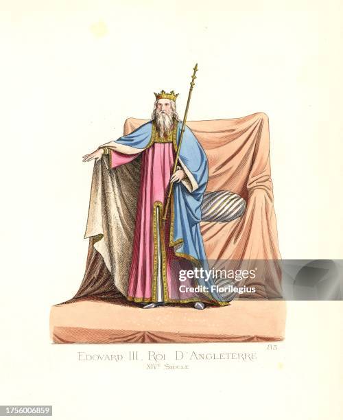 King Edward III of England, 14th century, in blue cape trimmed with ermine, red tunic bordered with gold. From his sepulchral monument in Westminster...