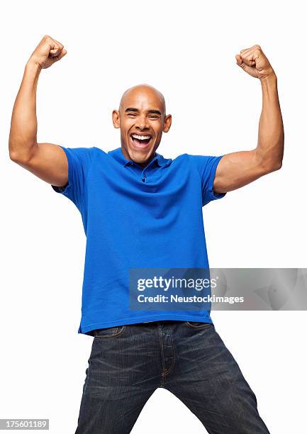 enthusiastic man cheering with clenched fists - isolated - man cheering stock pictures, royalty-free photos & images