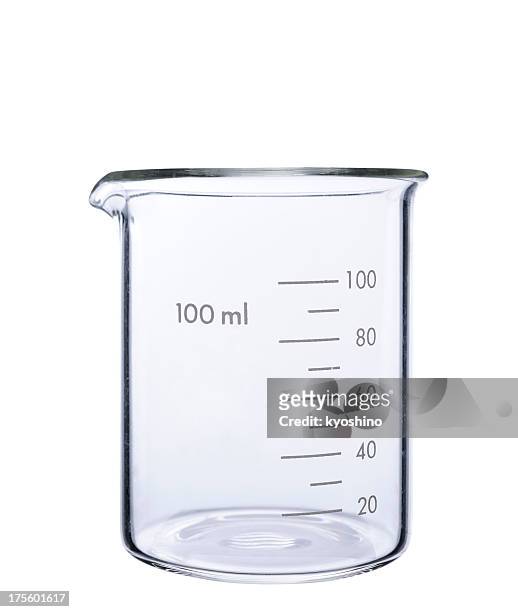 isolated shot of empty measuring beaker on white background - science white background stockfoto's en -beelden
