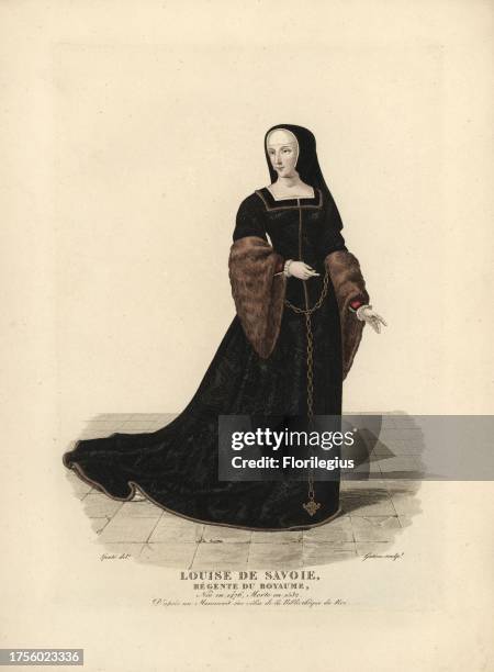 Louise of Savoy, mother of King Francis I of France, 1476-1532. After a vellum manuscript in the Bibliotheque de Roi. Handcoloured copperplate...