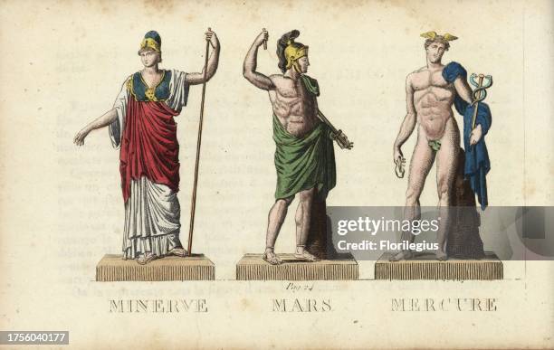 Minerva, Mars, and Mercury, Roman goddess of wisdom, god of war, and messenger of the gods. Handcoloured copperplate engraving engraved by Jacques...