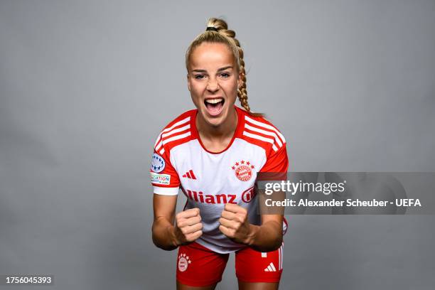 Giulia Gwinn of FC Bayern Muenchen poses for a photo during the UEFA Women's Champions League official portrait shoot at FCB Campus on October 09,...