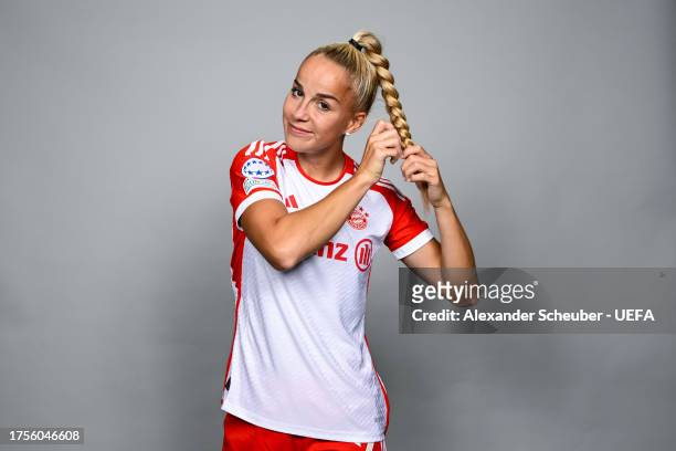 Giulia Gwinn of FC Bayern Muenchen poses for a photo during the UEFA Women's Champions League official portrait shoot at FCB Campus on October 09,...