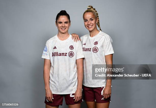 Sarah Zadrazil and Giulia Gwinn of FC Bayern Muenchen poses for a photo during the UEFA Women's Champions League official portrait shoot at FCB...