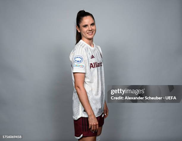 Sarah Zadrazil of FC Bayern Muenchen poses for a photo during the UEFA Women's Champions League official portrait shoot at FCB Campus on October 09,...