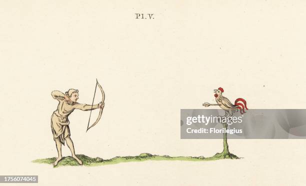 Archery practice with the bow and rooster target, 14th century. Handcoloured lithograph by Joseph Strutt from his own Sports and Pastimes of the...