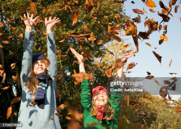 two smiling girls throwing leaves in the air - girl looking down stock pictures, royalty-free photos & images