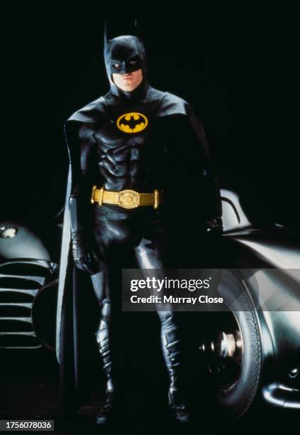 American actor Michael Keaton on the set of Batman, directed by Tim Burton, in England in 1989.