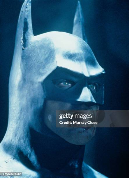 American actor Michael Keaton on the set of Batman, directed by Tim Burton, in England in 1989.