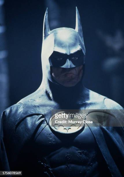 American actor Michael Keaton on the set of Batman, directed by Tim Burton, in England in 1989.