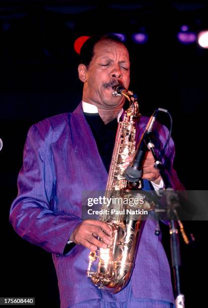 Jazz saxophonist Ornette Coleman performs, Chicago, Illinois, September 29, 1984.