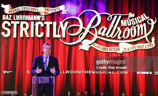 Barry O'Farrell addresses the media during the photo call for 'Strictly Ballroom The Musical' at Town Hall on August 5, 2013 in Sydney, Australia.