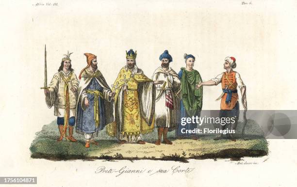 The legendary Prester John and his court. Handcoloured copperplate engraving by Antonio Sasso from Giulio Ferrario's Ancient and Modern Costumes of...