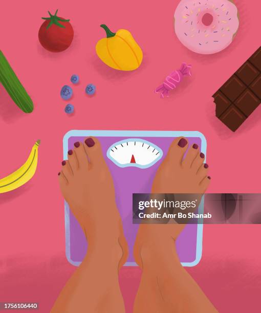 pov legs of barefoot woman standing on weight scale surrounded by junk food and healthy food - körperbewusstsein stock-grafiken, -clipart, -cartoons und -symbole