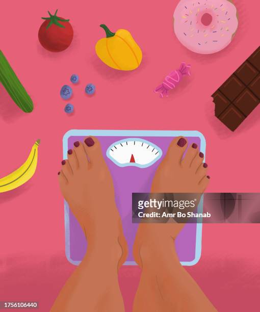 ilustrações, clipart, desenhos animados e ícones de pov legs of barefoot woman standing on weight scale surrounded by junk food and healthy food - balança de banheiro