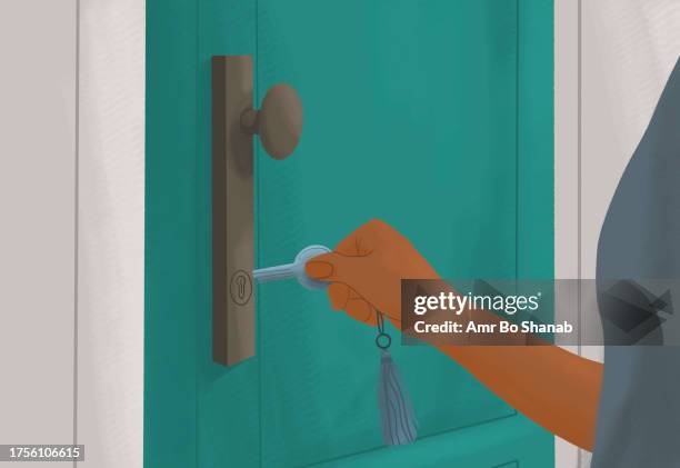 close up hand of woman inserting key into lock at front door - unlocking stock illustrations