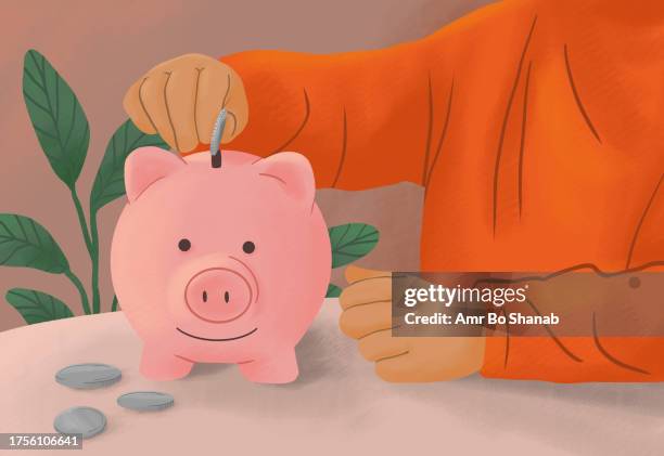 boy placing coins in piggy bank, learning how to save money - piggy bank stock illustrations