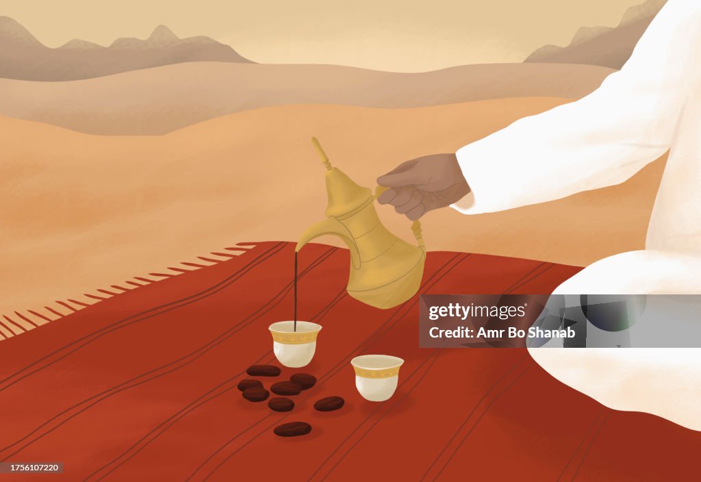Man pouring coffee from Middle Eastern dallah coffee pot on blanket in desert