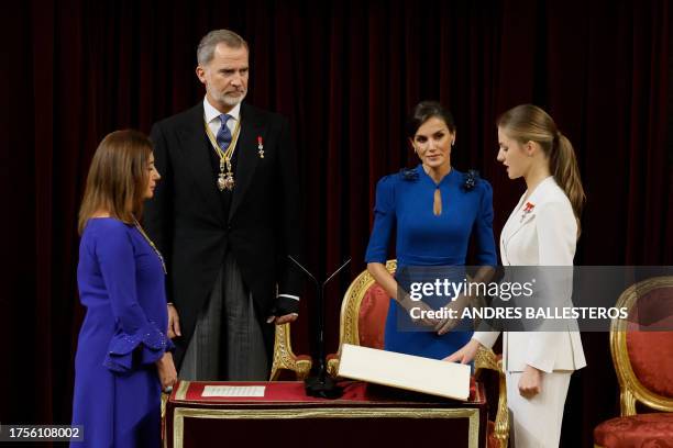 Spanish Crown Princess of Asturias Leonor attends with President of the Congress Francina Armengol a ceremony to swear loyalty to the constitution,...