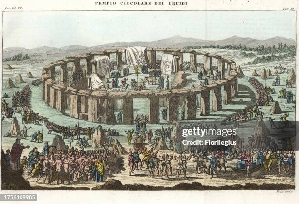 Ancient Druidic ceremony at Stonehenge, with the stones hung with curtains depicting serpents. Handcoloured copperplate engraving by Verico from...